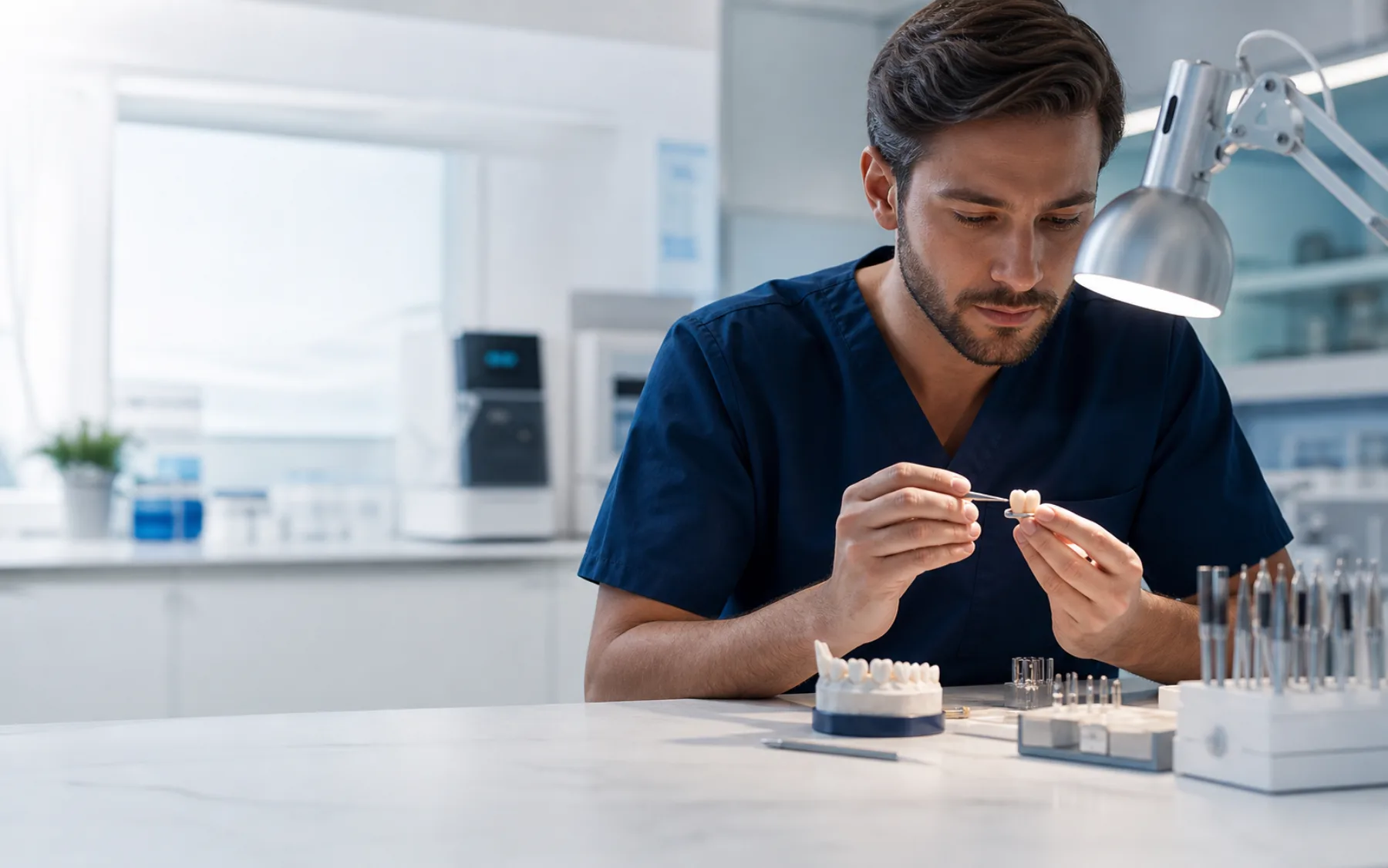Dental laboratory technician inspecting a ceramic restoration