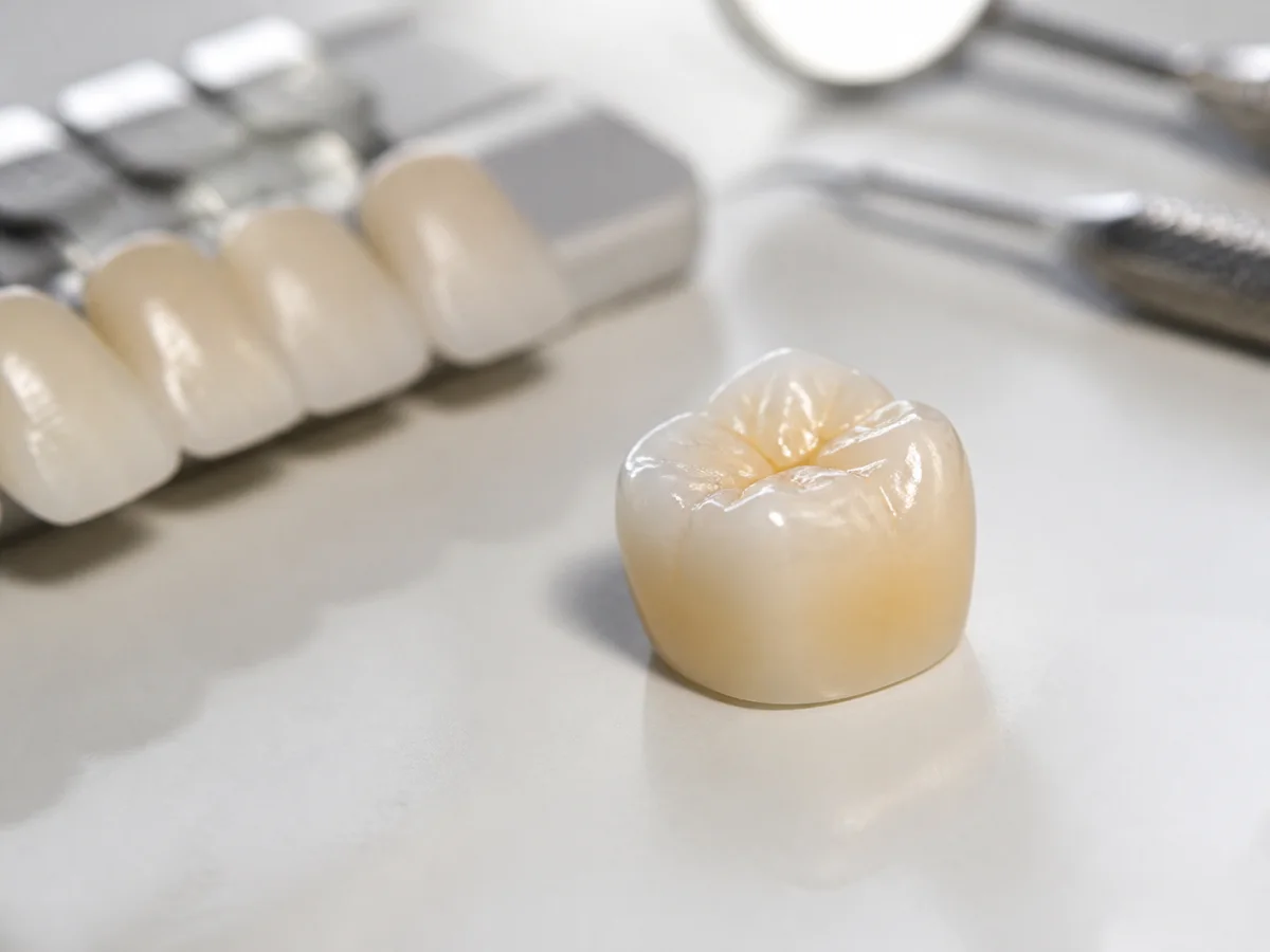Detailed ceramic crown on a dental laboratory workbench